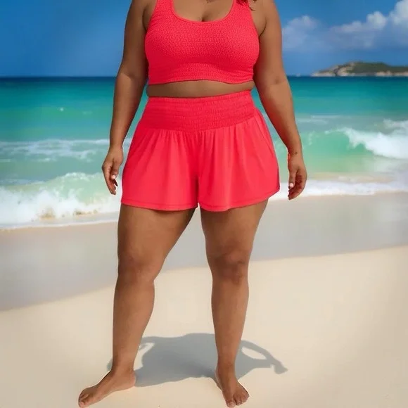 TORRID Swim Shorts CoverUp Sheer Neon-Coral Mesh Smocked Waist Flowy NWT Size 2X - Picture 5 of 11